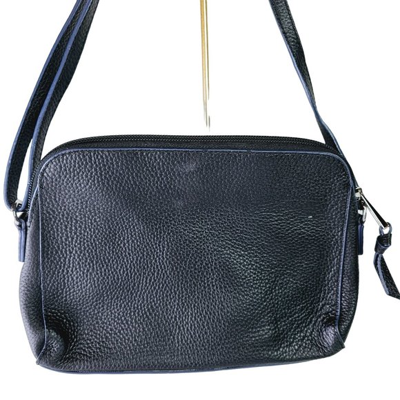 LODIS Charlotte Pebble Black w/ Navy Trim Leather Medium Crossbody Bag Handbag - Picture 6 of 8